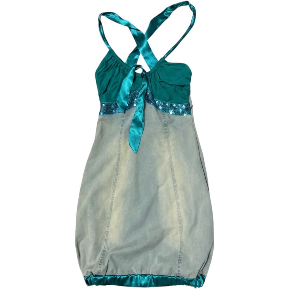 T-23C Teal Denim Sequin Bubble Hem Halter Mini Dress Y2K Style Womens Size Small
